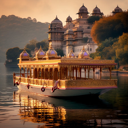 Transport yourself to the captivating city of Udaipur, known as the Venice of India, in this surreal scene. Imagine an enchanting palace that floats gracefully on sparkling waters, surrounded by vibrant streets brimming with colors and culture. The palace emanates opulence, adorned with intricate details and majestic architecture, enticing all who lay eyes upon it. A dreamy boat glides through the waters, its occupants immersed in the beauty that surrounds them. This image captures the essence of Udaipur's charm and transports you to a world of romantic enchantment. Brace yourself for a visual masterpiece that will evoke wonder, awe, and intrigue in all who behold it.の素材