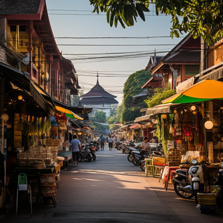 Experience the vibrant energy of Chiang Mai through this captivating image of a bustling street. The city is bustling with activity, with vibrant colors all around, exotic food stalls serving delicious cuisine, and a diverse mix of locals and tourists exploring the city. The image captures the iconic landmarks of Chiang Mai, such as the renowned Wat Phra Singh and the bustling Night Bazaar. It showcases the unique blend of ancient traditions and modern exploration that Chiang Mai offers, leaving viewers awe-inspired and eager to explore the city themselves.の素材