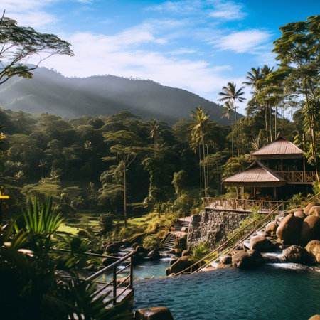Experience the beauty of a hidden nature retreat near Manila that showcases a breathtaking landscape with towering lush forests, a crystal-clear waterfall cascading into a serene pool, and a majestic mountain range in the background. In the foreground, a group of adventurous explorers can be seen immersed in the tranquility, engaging in rejuvenating outdoor activities such as hiking, swimming, and wildlife spotting. This image captures the essence of escaping the urban chaos, evoking a sense of awe and inspiration.の素材