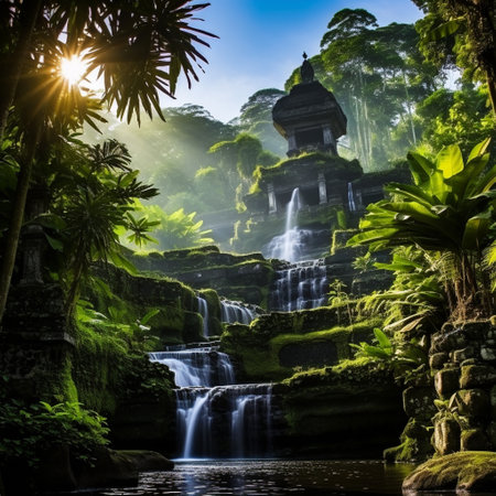 Embark on a visual journey through the breathtaking landscapes of Bali with this exquisite image. Discover the mesmerizing beauty of a cascading waterfall, gracefully flowing amidst the lush green rice terraces. The vibrant greenery in the foreground adds depth and richness to the scene, enhancing the overall allure of Bali's natural wonders. This image captures the serene and awe-inspiring beauty of Bali, leaving viewers in awe and longing to explore the hidden gems of this paradise. Experience the tranquility and wonder that nature's remarkable masterpieces evoke.の素材
