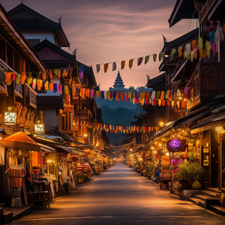 Immerse yourself in the essence of Chiang Mai, Thailand - a captivating destination that seamlessly blends rich culture, breathtaking landscapes, and vibrant traditions. This image captures a bustling street scene adorned with colorful lanterns and ornate temple rooftops, showcasing the city's vibrant festivals, delicious street food, and enchanting atmosphere. Let this image evoke a sense of awe and wonder, inviting viewers to be captivated by the allure of this charming destination.の素材