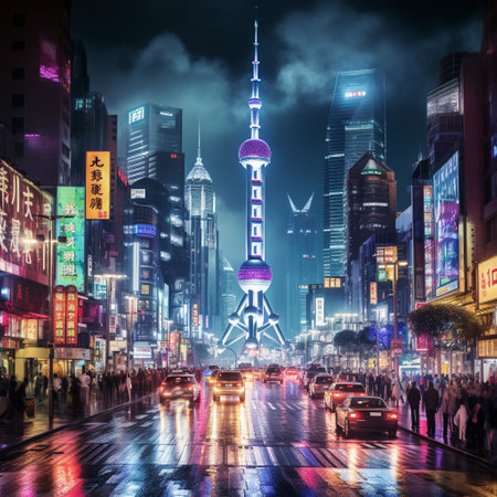 Experience the exhilarating nightlife of Shanghai with this stunning image of a cityscape at night. The soaring skyscrapers adorned with vibrant neon lights illuminate the skyline, creating a mesmerizing view. The bustling streets in the foreground are filled with locals and tourists engaged in various activities, capturing the dynamic atmosphere of this fast-paced metropolis. This image captures the energy and excitement of Shanghai, representing its vibrant culture and alluring attractions.の素材