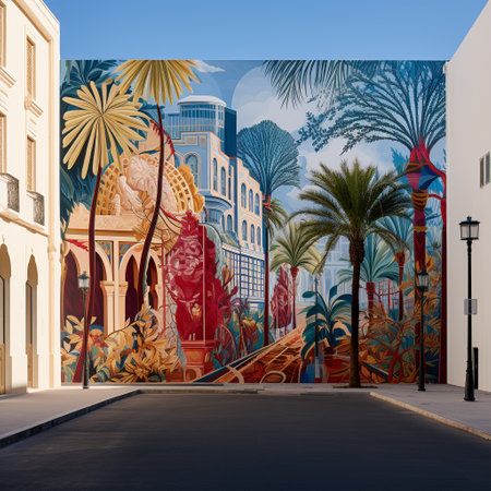 Immerse yourself in the vibrant streets of Tunis with this larger-than-life mural that captures the essence of Tunisian culture, heritage, and modern influences. The mural is an awe-inspiring display of vibrant colors and intricate details, showcasing a harmonious fusion of ancient symbolism and contemporary themes. Through its captivating storytelling, the mural unveils the rich history of the city, inviting viewers to embark on a visual journey through Tunis' bustling streets. Each brushstroke carries hidden messages and emotions, enticing curiosity and inspiring a desire to explore the world of Tunisian street art further.の素材
