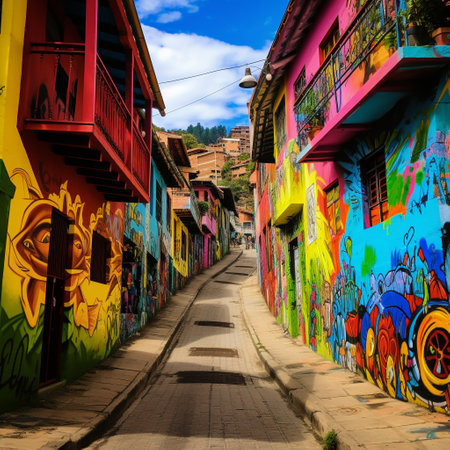 Step into the vibrant world of Medellin's hidden neighborhoods with this stunning image of a colorful street. Lined with lively street art and bustling local markets, this hidden gem showcases the unique charm of Medellin's lesser-known areas. The mix of traditional Colombian architecture and modern graffiti creates a captivating scene that captures the essence of the city's culture and authenticity. Let this image inspire you to explore off the beaten path and create unforgettable memories in this captivating Colombian city.の素材