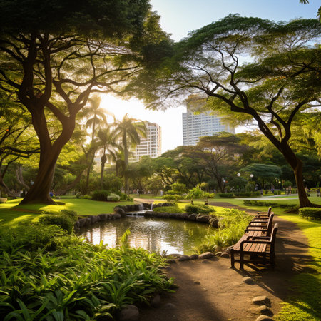 Immerse yourself in the essence of tranquility in Manila with this image capturing a secret oasis nestled amidst the bustling city. Discover a serene park adorned with vibrant greenery, reflecting a sense of calm and peacefulness. In the foreground, a cozy and secluded cafe invites individuals to unwind and find solace amidst the urban chaos. This image evokes a soothing ambiance, inspiring viewers to escape the noise and embrace the peaceful serenity of Manila's hidden gems. Experience a harmonious blend of nature and urbanity, enticing both locals and travelers to seek tranquility in the heart of the metropolis.の素材