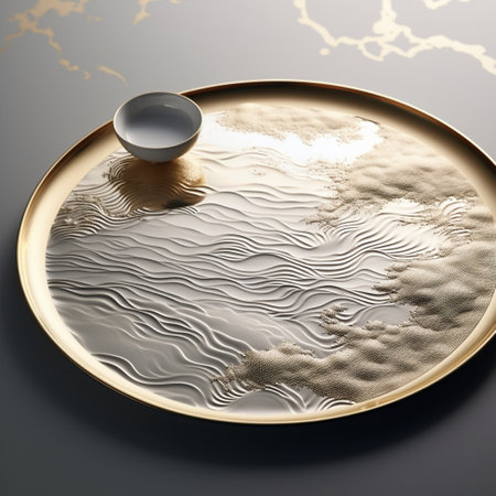 Prepare to be mesmerized by this astonishing metallic tray in silver and gold variants, creating a surreal mirage that evokes a sense of wonder and illusions. Intricately designed with elaborate patterns or textures, this tray reflects light in a mesmerizing way, enticing viewers with its shimmering presence. Surrounded by an ethereal backdrop, it blends seamlessly with the metallic theme, creating a captivating and dreamlike representation. Whether you choose a realistic approach with detailed textures and gradients or opt for a surreal art style, this image is sure to leave viewers in awe.の素材