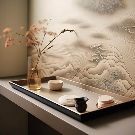 Immerse yourself in the beauty of this captivating image featuring an exquisite paper tray adorned with Asian calligraphy and motifs. The tray is set against a serene Zen Zenith background, creating a visually stunning fusion of traditional Japanese art style and a modern wallpaper design. This astonishing wallpaper captures the harmony and tranquility of Zen principles, inspiring viewers with its captivating aura. Paying meticulous attention to intricate details, this image enhances the aesthetic appeal of the tray, allowing it to make a bold statement in any setting.の素材