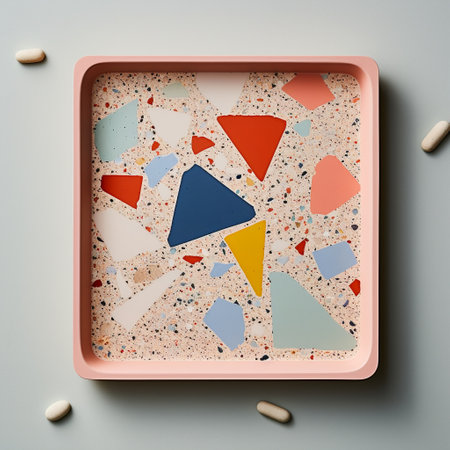 Get inspired by the astonishing wallpaper terrazzo trend with this paper tray designed with terrazzo patterns and bright fragments! The terrazzo pattern is a popular trend in interior design, featuring a mosaic-like design composed of colorful fragments embedded in a solid base. This paper tray is a stylish and functional accessory, perfect for organizing your desk or workspace.の素材