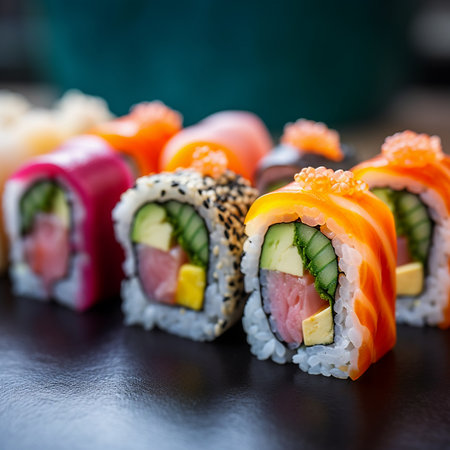A photograph of colorful sushi rolls, featuring the fresh and exotic flavors of Japanese cuisine.の素材