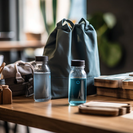A photograph of eco-friendly products, featuring a set of reusable water bottles and tote bags on a wooden table with natural lighting.の素材