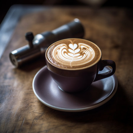 A photograph of a cup of coffee, featuring a latte art design on the foam and a rustic wood background.の素材