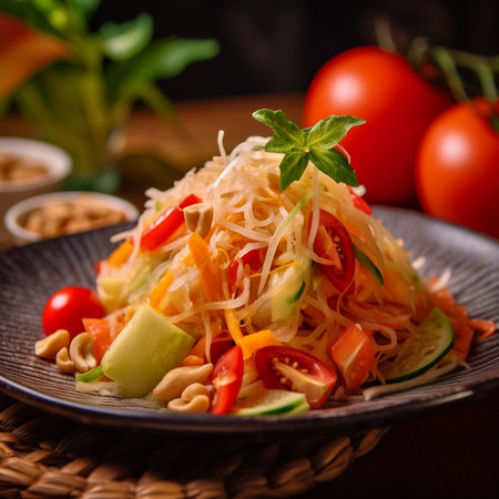A photograph of a zesty papaya salad, featuring the spicy and refreshing flavors of Thai cuisine.の素材