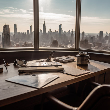 A serene photograph of a tidy office desk with a breathtaking view of the city skyline.の素材