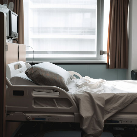 A photograph of a hospital bed, featuring an adjustable headrest and clean linens.の素材