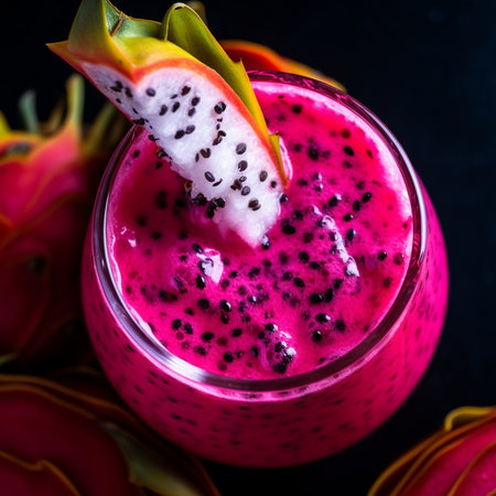 A photograph of a bright pink dragonfruit smoothie, featuring the unique flavor and health benefits of the exotic fruit.の素材