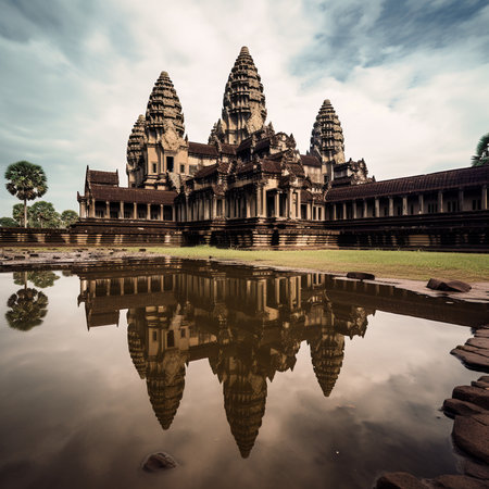 A photograph of the Angkor Wat temple complex, featuring the stunning and intricate architecture of the largest religious monument in the world.の素材