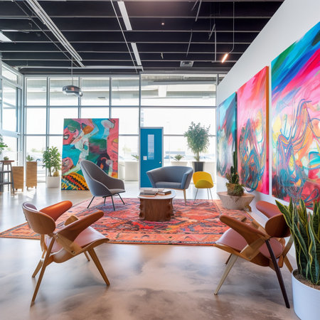 A vibrant photograph of a creative office space, featuring bright colors, unique artwork, and comfortable seating.の素材