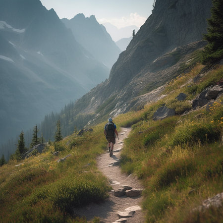 A beautiful photograph of a hiker walking along a mountain trail, with the stunning natural landscape in the background.の素材