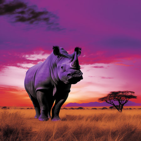 Experience the breathtaking beauty of a magnificent rhino standing proudly, its silhouette contrasting boldly against the calming lavender hues of a twilight sky. In this captivating image, the rhino is portrayed as a majestic 'Twilight Titan,' exuding strength and grace. The vibrant colors and serene atmosphere create a sense of wonder and inspire awe. This unique and alluring image is certain to attract attention and evoke a multitude of reactions.の素材