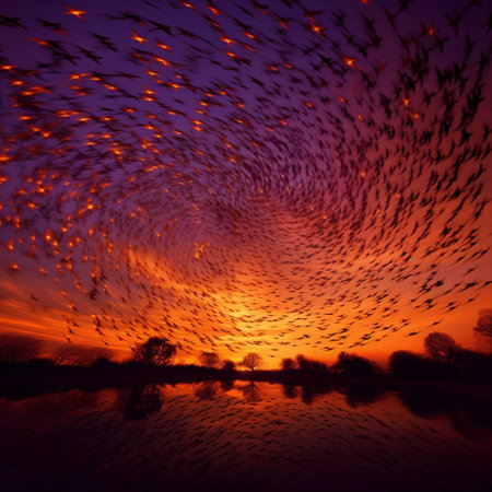 Get ready to be mesmerized by the beauty of nature with Twilight Twirl - a breathtaking image where a huge flock of starlings gracefully forms a swirling pattern against the backdrop of a vibrant orange and purple twilight sky. The synchronized movements of the starlings resemble a hypnotic dance that evokes a sense of awe and wonder. This image captures the fluidity and intricacy of their formation, emphasizing the dynamic energy and captivating beauty found in nature. With a touch of poetic enchantment, viewers will feel transported to a magical realm where the extraordinary becomes possible. The art style combines realism with a dash of fantasy, employing vivid colors, soft brushstrokes, and delicate details to create a visually stunning and emotionally captivating masterpiece.の素材