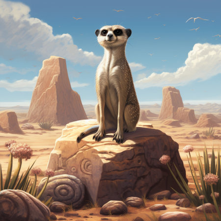 Experience the magical essence of the animal kingdom with Sahara Sentinel. In this whimsical and enchanting image, a meerkat stands guard, watching over its family against the vast desert landscape. This meerkat embodies protectiveness, resilience, and an unwavering devotion to family.の素材