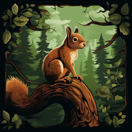 Embark on a whimsical adventure with this illustration of a squirrel perched on a high tree branch. The squirrel exudes an air of vigilance and curiosity, showcasing its natural instinct for exploration. The vibrant green foliage in the background creates a lush and expansive kingdom of nature, while other woodland creatures can be seen in the distance, adding to the sense of enchantment. The art style features crisp outlines, vibrant colors, and a touch of whimsy, bringing the scene to life.の素材