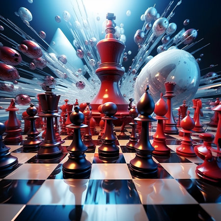 Immerse yourself in the world of abstract strategy games with this captivating 3D abstract rendering. The artwork showcases the concept of an abstract strategy game through a visually striking composition of chess pieces placed on an intricately designed, abstract battlefield. Each chess piece symbolizes the strategic decision-making involved in playing such a game, creating an image that is both thought-provoking and visually stunning. Avoiding copyrighted content or trademarks, this unique artwork is sure to elicit a wide range of reactions from viewers.の素材