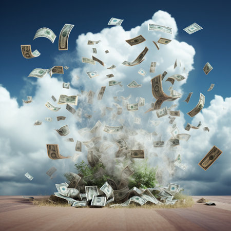 Experience a world of financial possibilities with this captivating image of currency symbols floating in a cloud-filled sky. The concept portrays recognizable currency symbols such as the dollar sign ($), euro (の素材