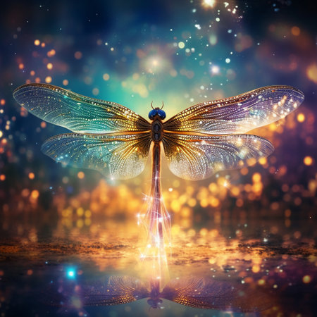 Experience the surreal and captivating beauty of this vibrant art piece titled 'Heavenly Hover'. In this mesmerizing scene, a dragonfly is suspended in mid-air, its delicate wings elegantly shimmering in the radiant sunlight. The artwork is created in a vibrant art style, showcasing vivid colors and intricate details that make it an eye-catching addition to any microstock site.の素材