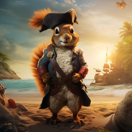 Get ready for a swashbuckling adventure with this mischievous squirrel dressed as a pirate! Set against a vibrant tropical background, the squirrel is on a mission to find buried acorns on a sandy beach. Watch as the playful critter navigates the sandy terrain, digging and searching for tasty treasures.の素材