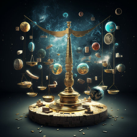 Step into the future with this captivating image that symbolizes the transformation of traditional currency into a futuristic digital concept. In this surreal scene, a balanced scale, representing economic equilibrium, takes center stage, adorned with a diverse array of futuristic currency symbols floating in mid-air. These symbols reflect the evolution of finance and technology, ranging from futuristic digital icons to elements inspired by space exploration and cutting-edge innovations. The vibrant colors and dynamic composition create a sense of anticipation, capturing the viewer's attention and sparking curiosity about the potential advancements in the financial world.の素材