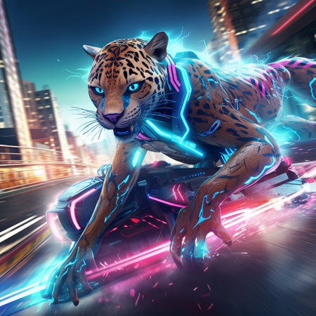 Witness the incredible sight of Sapphire Sprinter, a futuristic robotic cheetah racing through a neon-lit cityscape! This magnificent creation embodies the essence of speed and agility, leaving spectators in awe of its sleek design and lightning-fast movements.の素材