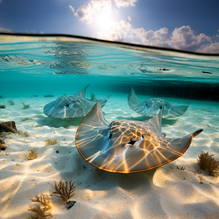 Prepare to be captivated by the extraordinary image of stingrays gracefully gliding through crystal-clear waters with a mesmerizing twist. In this enchanting scene, the majestic creatures are adorned with wings dipped in shimmering gold, elegantly swooping against a backdrop of a sun-kissed sandy ocean floor. As they move with synchronized elegance, they leave trails of sparkling golden dust behind them, creating a surreal and magical atmosphere. The vibrant colors and ethereal beauty of this aquatic scene will immerse you in a sense of wonder and tranquility.の素材
