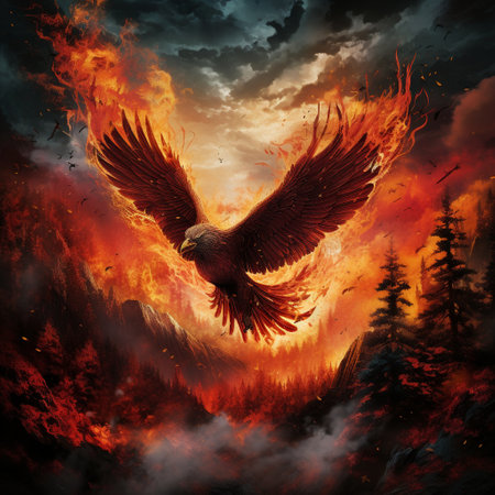 Witness the awe-inspiring sight of a majestic phoenix-like bird soaring through the sky, ablaze with vibrant hues. Against the backdrop of a raging forest fire below, the fiery feathers of the bird create a stunning contrast. The intense glow of the flames illuminates the surrounding landscape, bathed in smoke and ash, forming a visually striking scene. With its wings spread wide, the bird gracefully navigates the turbulent air currents, embodying both beauty and danger. This image captures the raw power and resilience of nature, showcasing the simultaneous destruction and rebirth that emerge from the midst of chaos.の素材