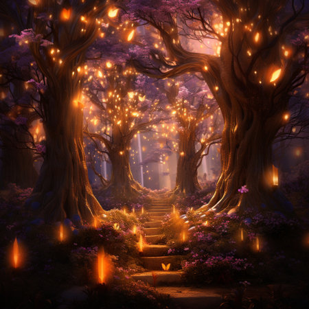 Step into the enchanting world of the Mystical Forest of Fantasies, where imagination takes flight. In this magical realm, the trees are adorned with pages as leaves, emitting a gentle glow that illuminates the mesmerizing twilight. Lose yourself in the ethereal beauty and wonder of this extraordinary place.の素材