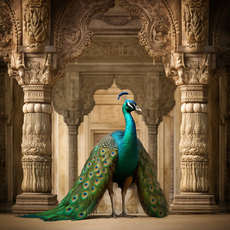 Experience the mesmerizing beauty of a peacock perched magnificently on ancient architectural pillars in this vibrant artwork. The peacock proudly displays its radiant feathers, exuding a sense of royalty and regality. The pillars showcase intricate carvings and a weathered, aged look, reminiscent of historical grandeur. This visually captivating composition symbolizes the harmonious coexistence of nature and human-made structures. The realistic art style with rich colors and nuanced details creates a lifelike and high-quality photographic effect.の素材