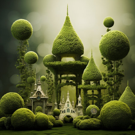 Get ready to be transported to a surreal and vibrant world with 'Temporal Topiaries'! This art piece combines the concept of defying reality with a whimsical garden scene featuring intricate sculptures made of plants and foliage. These living sculptures seamlessly blend elements from different time periods, embodying a sense of transformation and evolution. With a subtle hint of time travel, 'Temporal Topiaries' captivates viewers and elicits a wide range of reactions.の素材