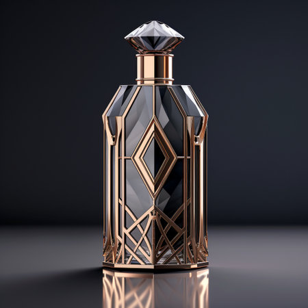 Get mesmerized by the allure of this captivating and luxurious perfume bottle inspired by the concept of 'Timeless Elegance.' Designed in an art deco influenced art style, this fragrance bottle showcases clean lines, bold geometric shapes, and lavish details. The bottle exudes sophistication and evokes a sense of nostalgia while remaining effortlessly modern. Let your imagination run wild as you envision this unique fragrance bottle that would stand out on the shelves and entice customers worldwide.の素材