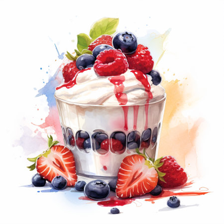 Get ready to indulge your senses with this vibrant and visually appealing image in the style of watercolor painting. The image showcases a delectable dessert that is creatively designed to emphasize the abundance of luscious, fresh, and juicy berries. With its enticing composition and captivating colors, this image evokes a sense of deliciousness and sweetness, making you crave the irresistible flavors of summer berries.の素材