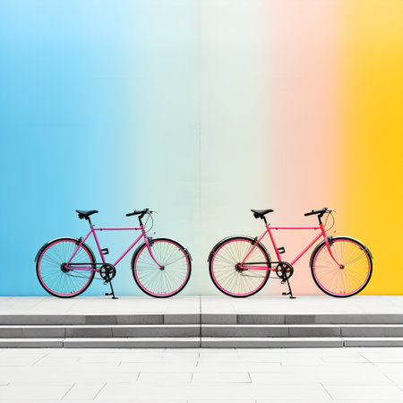 Experience the beauty of perfect balance with this minimalist and vibrant artwork titled 'Bicycle Symmetry'. The artwork portrays a captivating scene where two bicycles of different colors and designs are meticulously aligned and balanced on a sleek and modern bike rack. The composition evokes a sense of harmony and precision, showcasing the symmetrical beauty of these bicycles in an aesthetically pleasing manner. The visually striking background complements the bicycles' colors and enhances the overall impact of the image, creating a visually captivating masterpiece.の素材