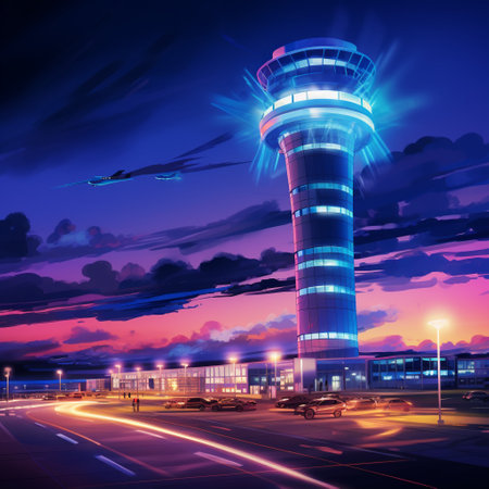 Experience the future of air travel with this captivating image of an airport at dusk. The Skyport Sentinel is a state-of-the-art control tower overlooking a sprawling airport, equipped with advanced surveillance equipment and a strong sense of security. The sleek and vibrant art style showcases clean lines, vibrant colors, and meticulous attention to detail, making it a perfect addition to microstock sites. Get ready to captivate users seeking captivating and high-quality visuals with this futuristic masterpiece.の素材