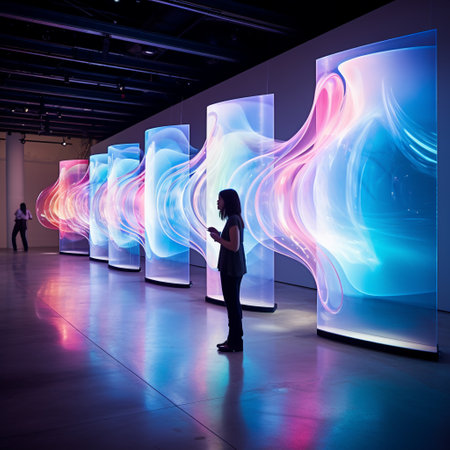 Immerse yourself in the captivating world of 'Ethereal Tides: Liquid Light Waves Dancing Across Translucent Screens'. This artistic installation features a minimalistic and modern art style with translucent screens arranged in a fluid wave-like formation. The screens come alive with vibrant and ethereal colors, illuminated by dynamic waves of liquid light. The mesmerizing motion and otherworldly beauty of this composition create a visual spectacle that will leave you spellbound.の素材