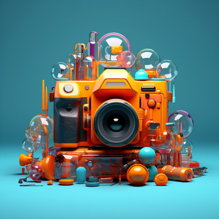 Get ready to be mesmerized by innovative camera equipment and techniques that will elevate your photography experience! This image showcases a captivating composition, incorporating bright colors, dynamic angles, and futuristic elements. It's a visual delight that will grab your attention and leave you in awe.の素材