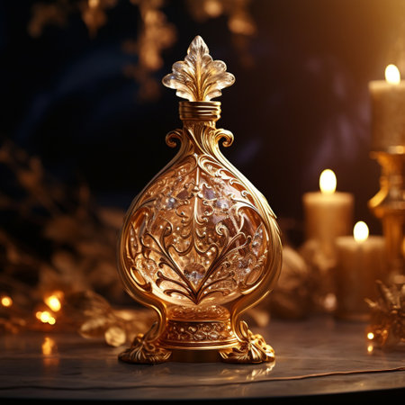 Immerse yourself in the opulent and alluring world of the Gilded Temptation fragrance bottle design. This exquisite creation exudes desire and luxury, with intricate patterns of gold adorning a backdrop of pure decadence. The captivating fragrance, portrayed as a mesmerizing flow, entices the senses with its tantalizing allure. The realistic art style emphasizes every shimmering detail, adding a touch of elegance to this enchanting masterpiece.の素材