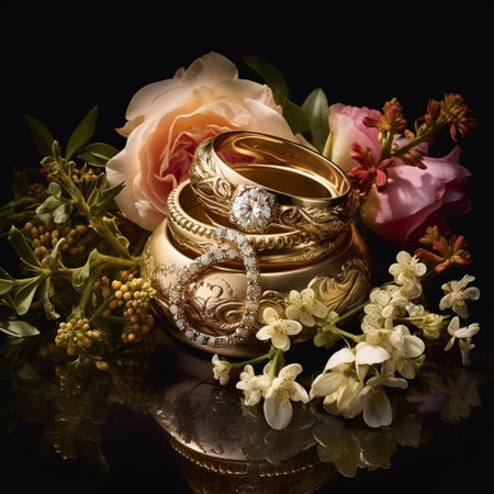 Get ready to be charmed by this whimsical still life capturing the intricately designed wedding rings, nestled among dainty flowers. This delightful image showcases the beauty and elegance of wedding rings, surrounded by delicate floral details.の素材