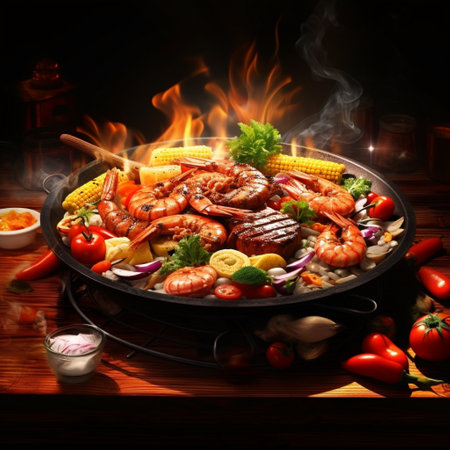 Indulge in a visual feast with this eye-catching image showcasing a plate filled with a variety of sizzling delights. The vibrant and realistic art style brings to life an overflowing plate that is packed with mouthwatering dishes. Enjoy the sizzle of a perfectly cooked steak, the sizzling fajitas, the sizzling shrimp, and the sizzling vegetables, all emitting delectable steam and tantalizing aromas. The presentation is visually appealing, with each dish beautifully arranged and garnished to capture the essence of a mouthwatering culinary experience. Get ready to crave your favorite sizzling delights by exploring this captivating image!の素材