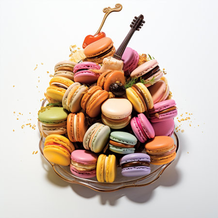Indulge in the visual symphony of this elegant and vibrant image featuring a grand macaron symphony, showcasing a variety of delectable French delights. Imagine an orchestra composed of beautifully crafted macarons, each representing a different instrument or note. Let the colors burst with vividness, inviting viewers to indulge in the luscious treats. This image will surely captivate food enthusiasts, dessert lovers, and those seeking artistic inspiration for their next culinary masterpiece.の素材