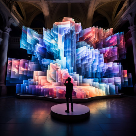 Immerse yourself in the captivating world of 'Unveiling the Unseen: An Interactive Projection Mapping Experience.' This artistic installation pushes the boundaries of reality and art, merging colorful projections seamlessly with physical structures. Step into a mesmerizing environment where vibrant swirling patterns and dynamic interactions between the projections and the surroundings blur the line between fantasy and reality. Let your curiosity come alive as you explore this captivating visual experience, filled with wonder, astonishment, and intrigue. This visually stunning composition captures the interplay of light, shadows, and vibrant colors, creating an abstract masterpiece that will grab attention and spark intrigue.の素材