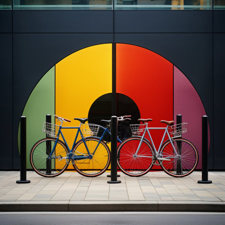 Experience the beauty of perfect balance with this minimalist and vibrant artwork titled 'Bicycle Symmetry'. The artwork portrays a captivating scene where two bicycles of different colors and designs are meticulously aligned and balanced on a sleek and modern bike rack. The composition evokes a sense of harmony and precision, showcasing the symmetrical beauty of these bicycles in an aesthetically pleasing manner. The visually striking background complements the bicycles' colors and enhances the overall impact of the image, creating a visually captivating masterpiece.の素材