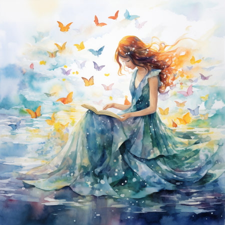 Capture the essence of Delicate Dreams with this enchanting image where vibrant watercolor illustrations of delicate dreamlike objects, such as butterflies, flowers, and feathers, float gracefully on an endless sea of imagination. The colors are soft and ethereal, creating a sense of wonder and tranquility. This captivating image is sure to inspire both artists and art enthusiasts, making it a perfect addition to microstock sites and art-related platforms.の素材